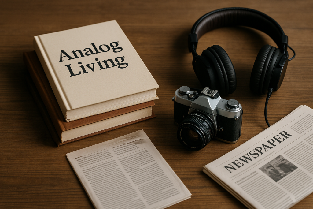 Books, film camera, and headphones on a wooden table – tools for analog living
