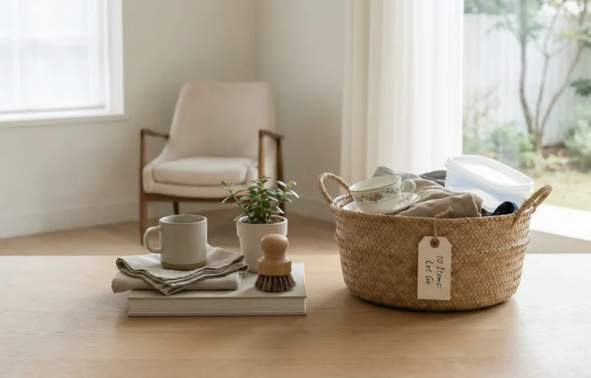 A minimalist wooden table with a seagrass basket filled with items to be removed as part of the 10-10 decluttering method, featuring a tag that says "10 Items: Let Go."