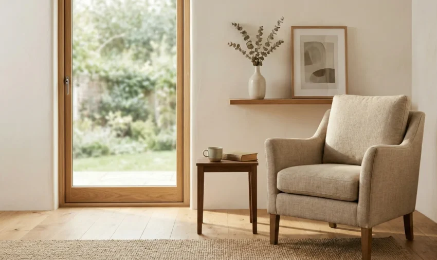 A serene, sun-lit minimalist reading corner featuring a beige linen armchair, a small wooden side table with tea, and a view of a peaceful green garden through a large window