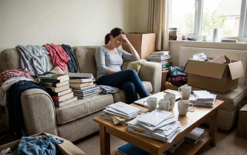 A stressed woman sitting on a sofa holding her head, looking overwhelmed by a cluttered living room filled with boxes, piles of clothes, books, and paperwork.