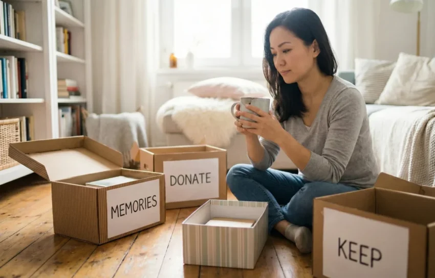 A mindful woman sitting on a wooden floor in a bright, minimalist living room, thoughtfully holding a chipped ceramic mug while surrounded by boxes labeled 'Memories,' 'Donate,' and 'Keep' to process her emotional attachment to clutter.