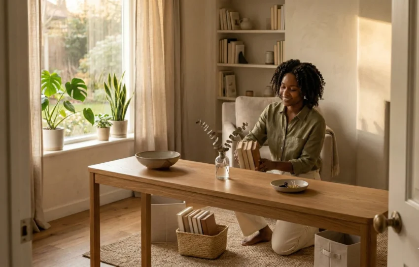 A smiling woman with natural coiled hair kneels on a jute rug, mindfully placing a stack of books into a woven basket beside a minimalist wooden desk in a warm, sunlit home study.