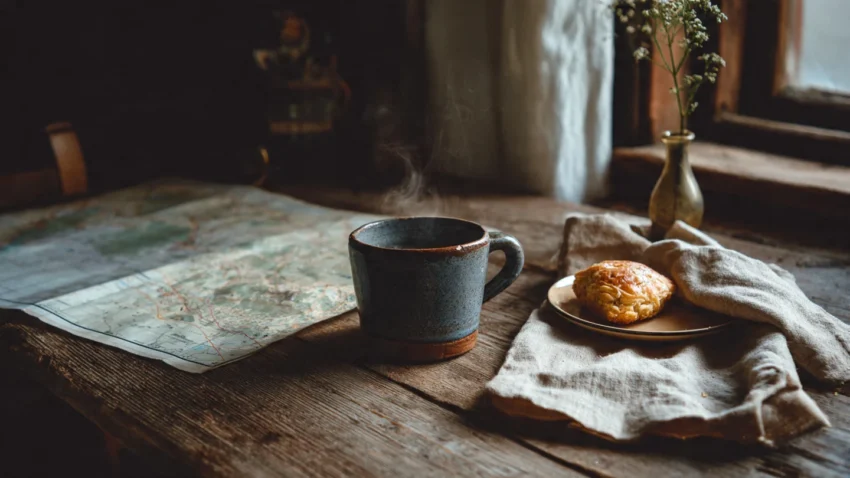 A minimalist slow travel morning scene featuring a ceramic coffee mug, a local pastry, and a hand-marked map on a rustic wooden table in soft morning light.